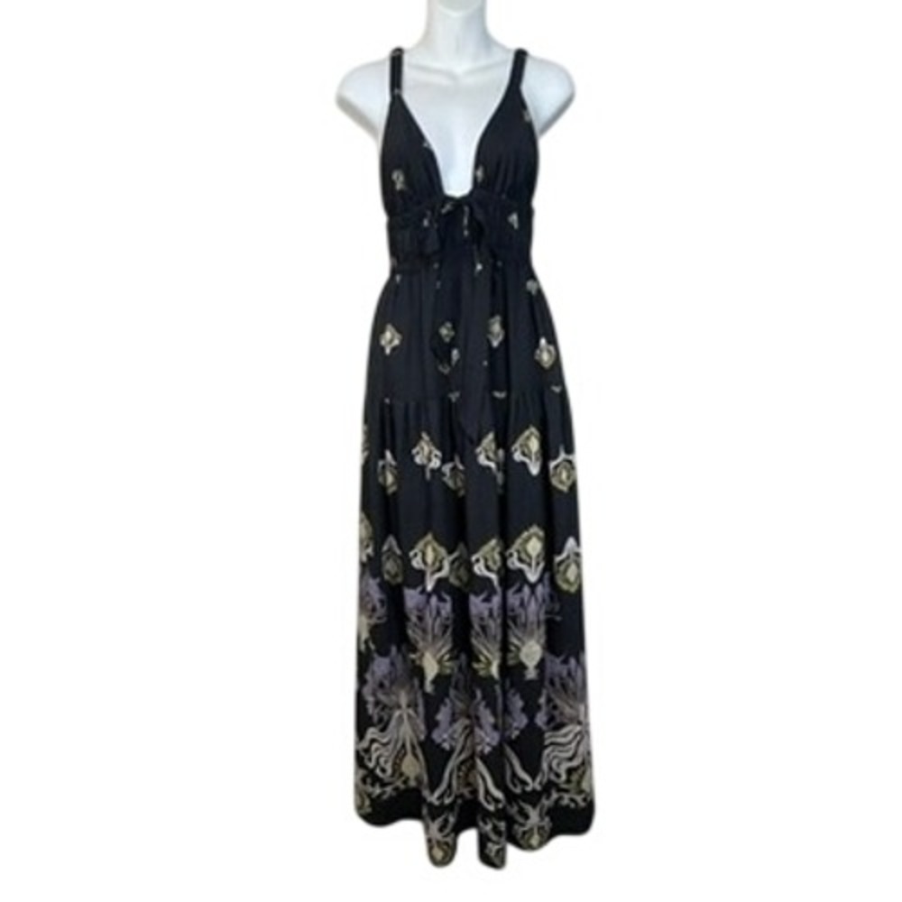 Sabina Musayev‎ Halter Dress Black Floral Maxi Dress Boho Tiered Sz XS Tie Waist